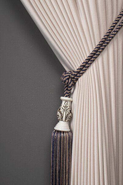 Saççax Exclusive Μπλε Navy και Μινκ Χρώμα Λευκό Καρότο Λεπτομερής Κουρτίνα Φό...