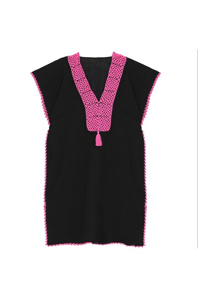 Soma Kadın Atölyesi Hand Embroidered Fuchsia Collar Black Pareo Lacy Cotton Fabric with Tassels Standard Size Black Fuchsia