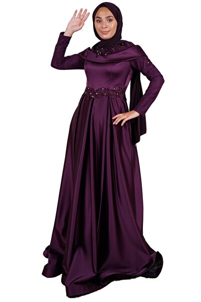 SpringStore Mor Taş Detaylı Saten Abiye