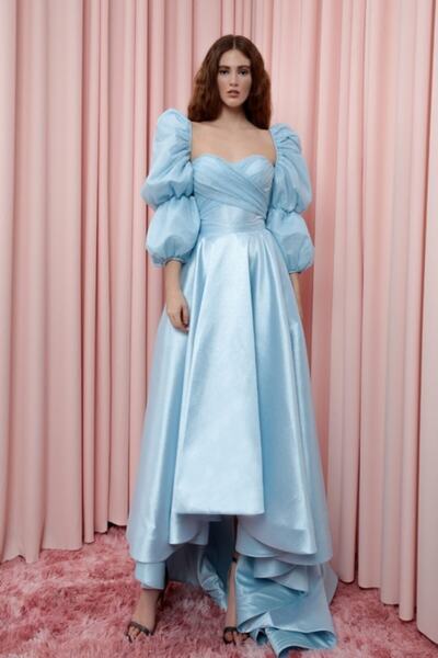 BERFUĞ KIRAN Kolları Balon Önü Kısa Arkası Kuyruklu Abiye Elbise