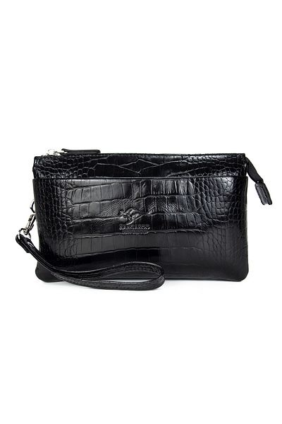 KANGAROO KINGDOM Black Men's Handheld Portfolio Clutch Bag Genuine Calf Leather Crocodile 5488-cs