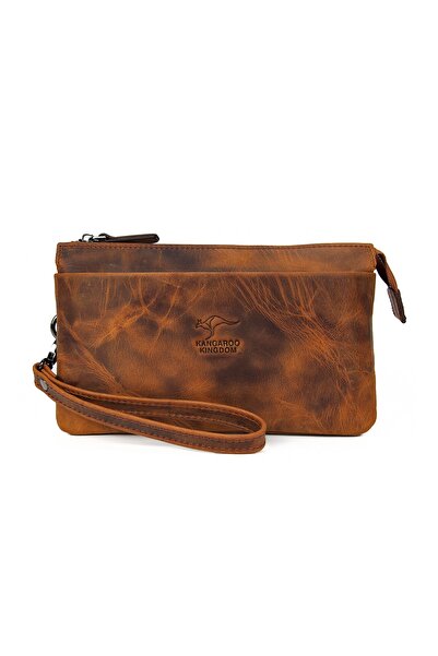 KANGAROO KINGDOM Erkek El Portföy Clutch Çantası Hakiki Dana Deri Crazy Horse...