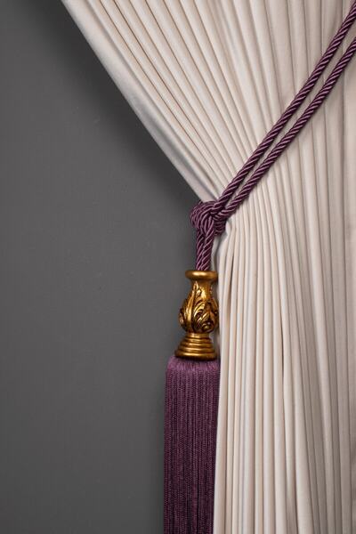 Saççax Exclusive Mor Renk Altın Karot Detaylı Fon Perde Bağı Klasik Barok Püsküllü Braçol