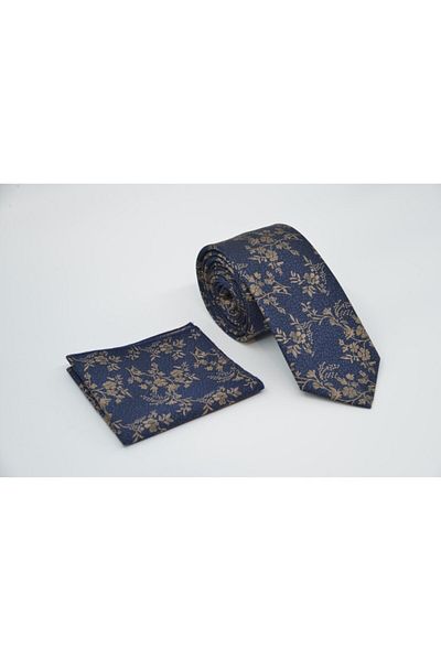 Brianze Gold Flower Pattern Navy Blue Handkerchief Tie Mkch-1