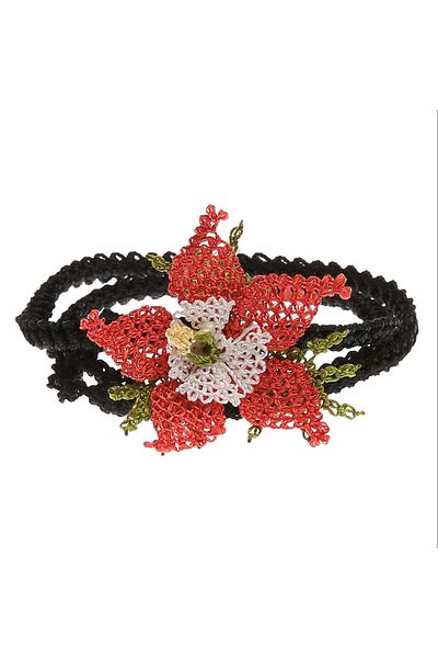 Soma Kadın Atölyesi Leash Necklace Bracelet with Star Flowers Thin Cord Handcrafted Needle Embroidery 50 cm Coral Red