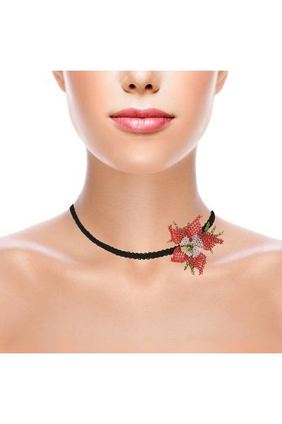 Soma Kadın Atölyesi Leash Necklace Bracelet with Star Flowers Thin Cord Handcrafted Needle Embroidery 50 cm Coral Red