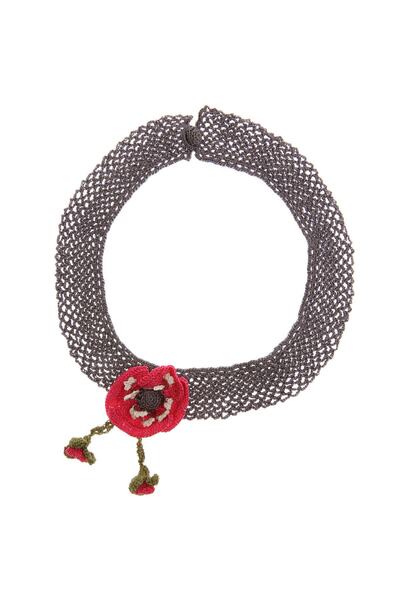 Soma Kadın Atölyesi Collar Necklace with Poppy Flowers Thick Cord Handcrafted Crochet Embroidery 35 40 cm Fuchsia Smoked Women's Jewelry
