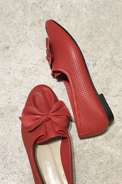 TUNAELLİ Women's Red Genuine Leather Ballerinas