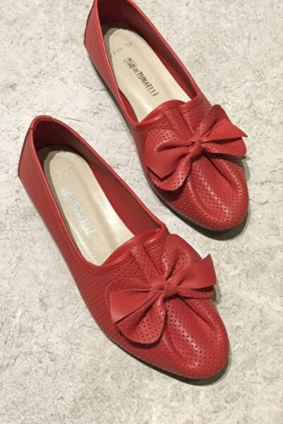 TUNAELLİ Women's Red Genuine Leather Ballerinas