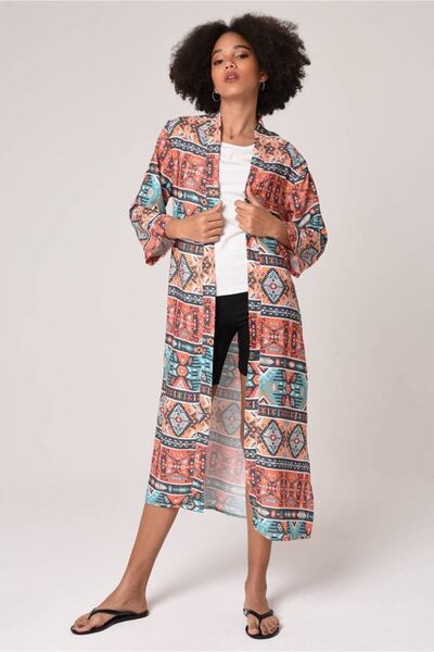 Bolder Women's Red Patterned Viscose Kimono