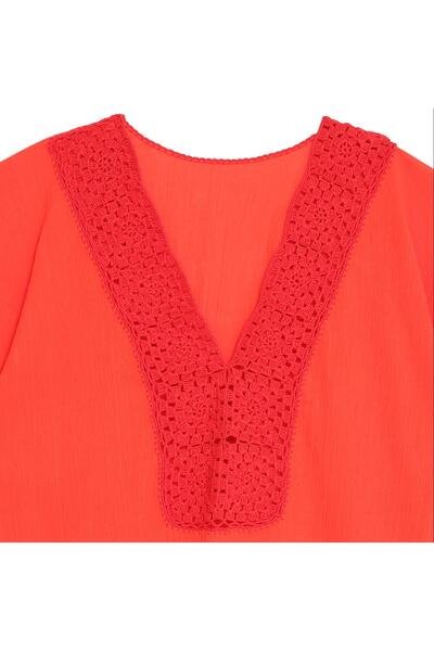 Soma Kadın Atölyesi Hand Embroidered Red Pareo Lacy Cotton Fabric with Tassels StndSize Red Women's Crochet Embroidered