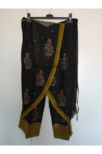 Butik Tülin Otantik Pamuk Siyah El Baskı Altın Varak Çiçekli El Işi Pul Nakış...