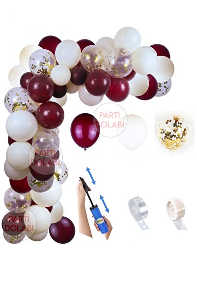 Parti dolabı 70 Balonlu Konfetili Doğum Günü Balon Kombini Beyaz-bordo-konfetili Şeffaf Balon Zinciri Seti