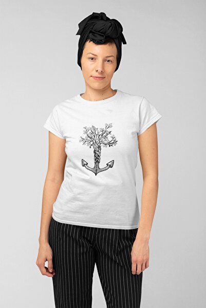 ErTaPassage Femei cu flori albe tricou - Anchor cu imprimeu , Standard Fit T7...