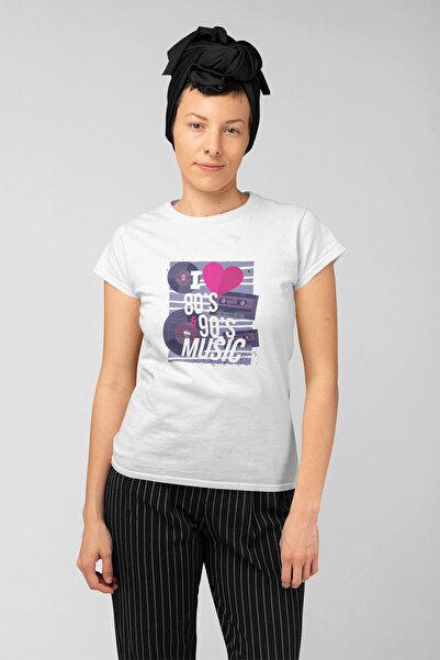 ErTaPassage Бяла дамска тениска с принт на музика от 80-те и 90-те години - T...