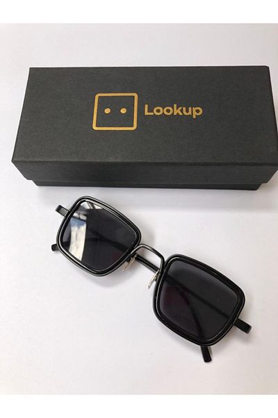 LOOKUP Lookup Unisex Small Square Stempunk Black Metal Frame Black Glass Sunglasses