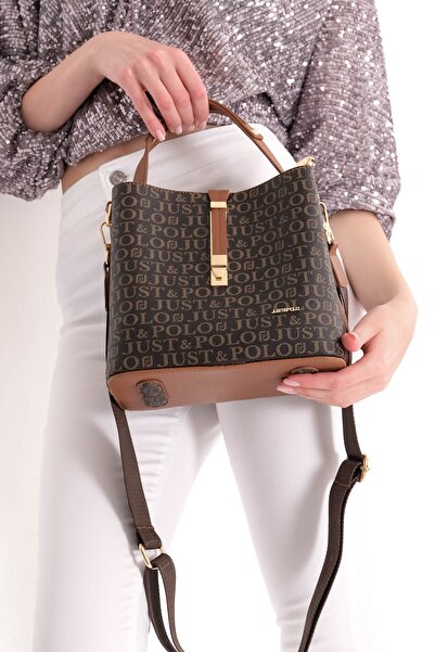 Just Polo Women's Tan Monogram Printed Shoulder Bag