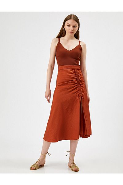 Koton Women's BROWN Slit Skirt Gathered