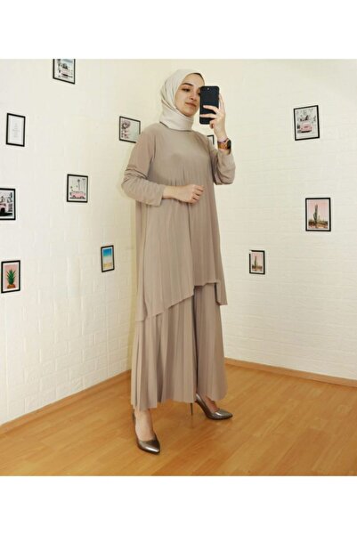 MODAMÜNASİP Γυναικείο Μπεζ Νέα Trend Σετ Παντελόνι με Πλισέ