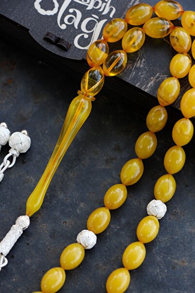Tesbih Otağı Men's Yellow Silver Kazaz Tasseled Tight Amber Rosary