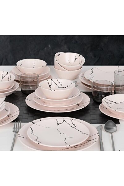 Keramika Mat Beyaz Mermer Desenli Yemek Takımı 24 Parça 6 Kişilik