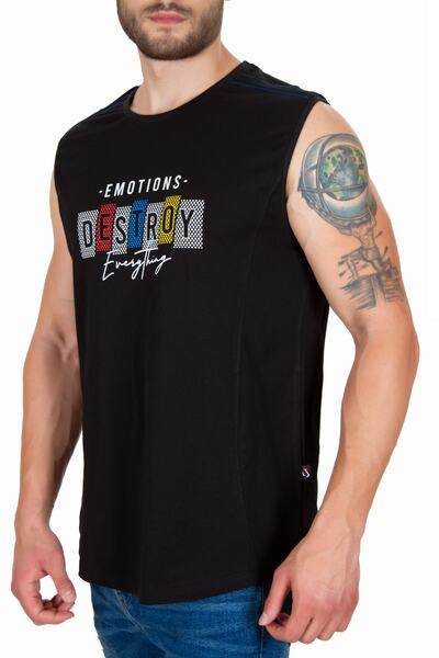 WELLHS Erkek Siyah Baskılı Bisiklet Yaka Slim Fit Spor %100 Pamuk Atlet