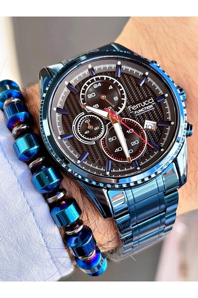 Ferrucci Navy Blue Color Black Dial Functions Active Men's Wristwatch + Hematite Natural Stone Bracelet