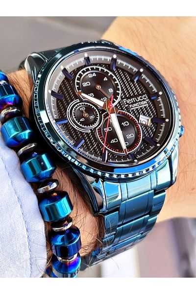 Ferrucci Navy Blue Color Black Dial Functions Active Men's Wristwatch + Hematite Natural Stone Bracelet