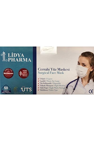 Lidya Pharma Cerrahi Maske Tek Tek Steril Poşetli Telli 3 Katlı 50 Adet Beyaz