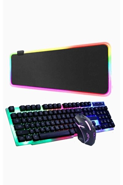 SNEXPRES Siyah Işıklı Gaming Oyuncu Mousepad 70x30 Cm + Işıklı Klavye Mouse Seti