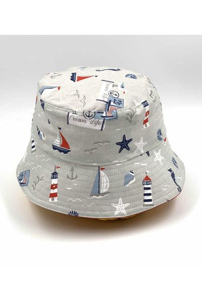 ZELİCE TASARIM Marine Pattern Red Reversible Bucket Children's Hat