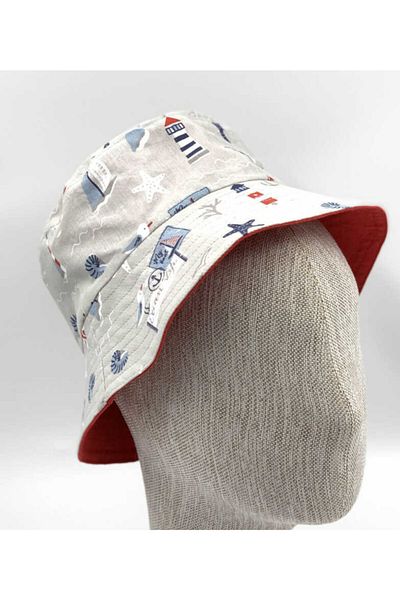 ZELİCE TASARIM Marine Pattern Red Reversible Bucket Children's Hat