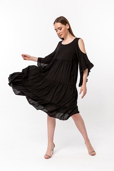 Laranor Black Shoulder Detailed Flounced Voile Dress