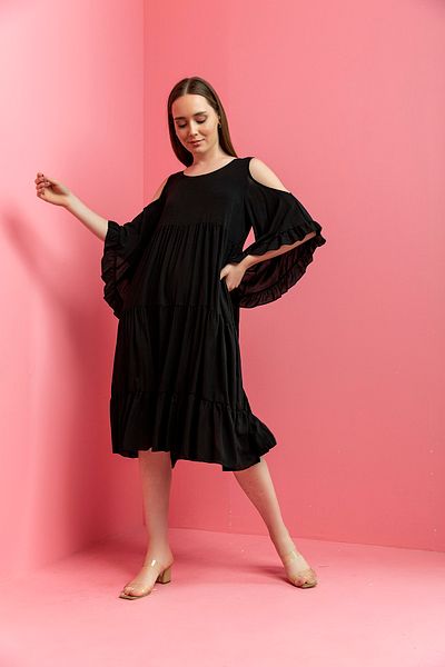 Laranor Black Shoulder Detailed Flounced Voile Dress