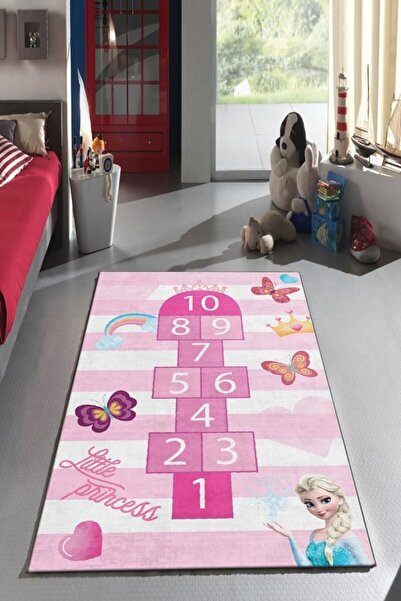 Resmiro Pembe Elsa Prenses Seksek Desenli Kaymaz Taban Yıkanabilir Dijital Baskı Çocuk Halısı