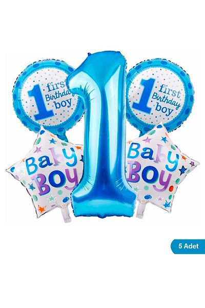 Kazanabil 5 Piece 1 Year Old Themed Giant Foil Balloon Set Blue