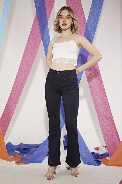 Genel Markalar Kadın Lacivert Yüksek Bel Ispanyol Paça Pantolon