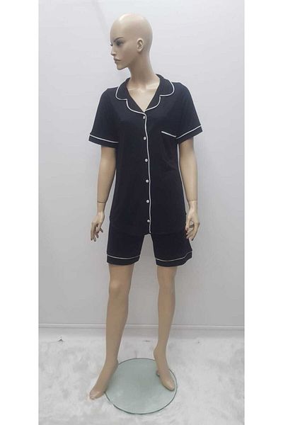 Nena Set pantaloni scurți negri pentru damă, cu guler cu nasturi în față