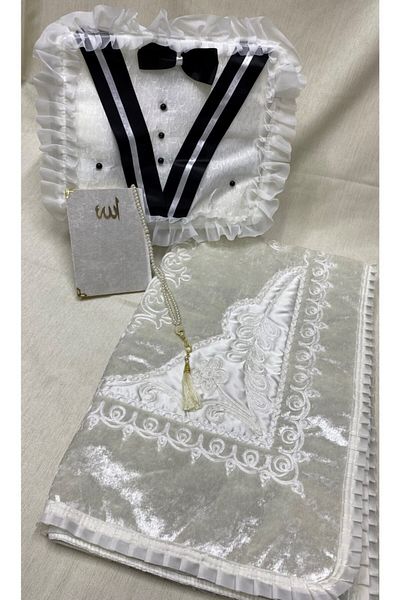 AYHANHOME 4 Piece Velvet Prayer Rug with Groom Figure Dowry Box Bride Groom Set