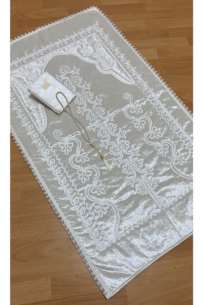 AYHANHOME 4 Piece Velvet Prayer Rug with Groom Figure Dowry Box Bride Groom Set