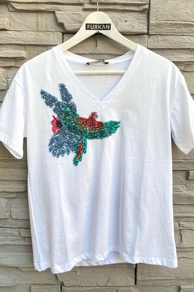 FEMELLE Tricou din bumbac brodat cu paiete alb cu pasăre