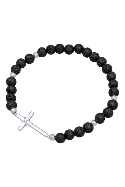 KUZZOI 925 Silber Lava Perlen Schwarz Kreuz Armband