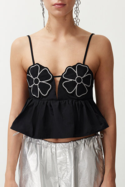 Trendyol Collection Ανθοκέντητη Μαύρη Μπλούζα Crop - TPRSS24BZ00030