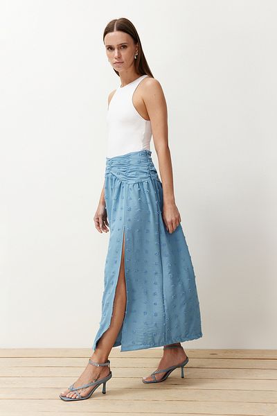 Trendyol Collection Fusta țesătă de lungime maxi cu detaliu cu fantă în față cu textura albastră TWOSS24ET00176