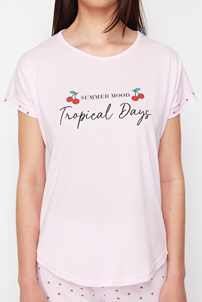 Trendyol Collection Sada pyžam s růžovým vzorem třešně THMSS24PT00368