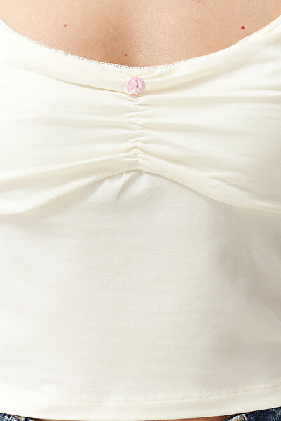 Trendyol Collection Ecru Carmen Collar Fitted/Fitted Low Sleeve Shirred/Drape Detailed Knitted Blouse TWOSS24BZ00500