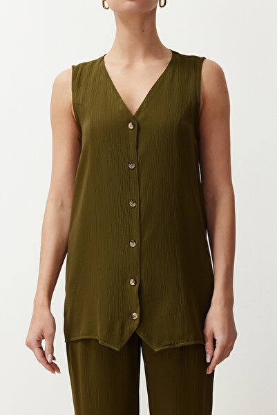 Trendyol Collection Khaki V-Neck Wide Cut Vest and Trousers Set - Buttoned, Twoss24Au00046