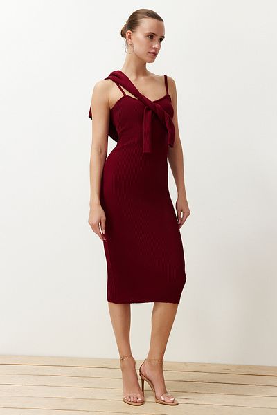 Trendyol Collection Rochie-cardigan cu detaliu cu nasturi uni Bordeaux TWOSS21EL0208