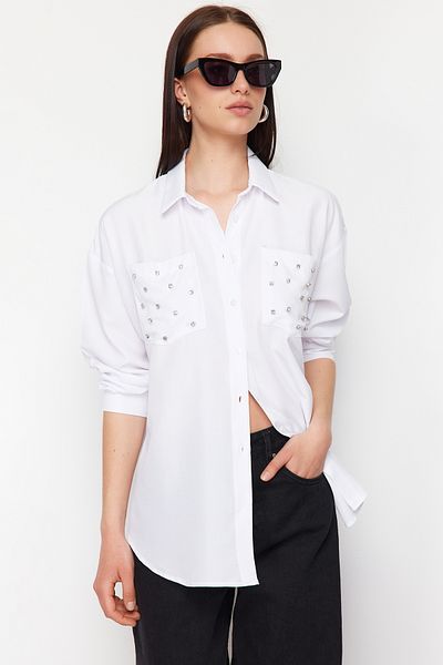 Trendyol Collection Ecru Oversize Woven Shirt - Pocket Stone Detail, Wide Fit TWOSS24GO00162
