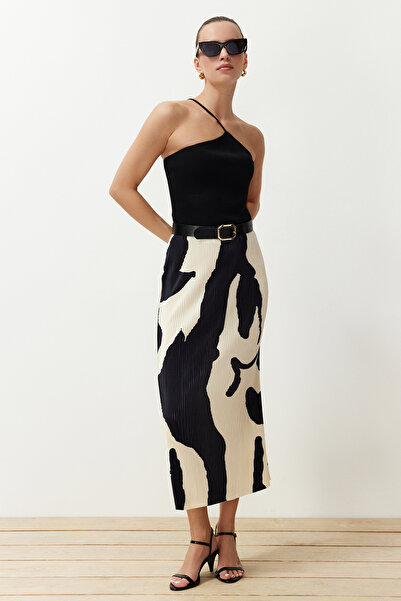 Trendyol Collection Ecru absztrakt rakott A-vonalú nyomtatott midi rugalmas kötött szoknya TWOSS24ET00209